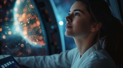 Young woman in a space station observing a galaxy, encapsulating a sense of wonder and futuristic exploration. - Powered by Adobe