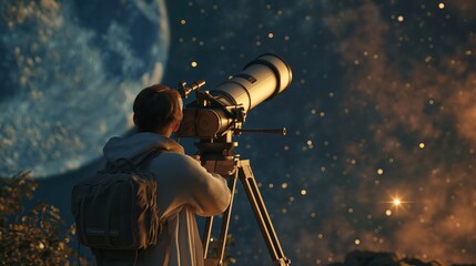 Fototapeta premium Person engaged in night-time astronomical observation with a telescope, highlighting a passion for the cosmos.