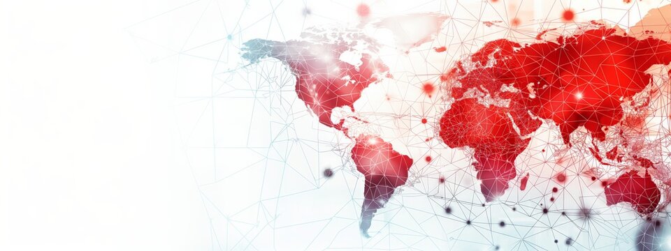 Fototapeta Artistic depiction of North America on a world map with red splashes, symbolizing disease spread or crisis.