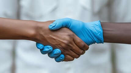 Two people in medical gloves shaking hands, emphasizing hygiene and cooperation in healthcare.