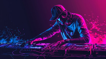 DJ playing electronic music neon lights background. Background for a nightclub poster. 
