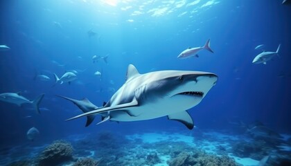 Fototapeta premium The great White Shark in the ocean, portrait of White shark hunting prey in the underwater