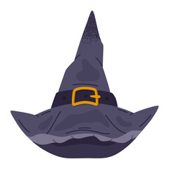 Halloween witch hat. Cartoon spooky magician hat, Halloween black wizard hat flat vector illustration. Hand drawn october party magician hat