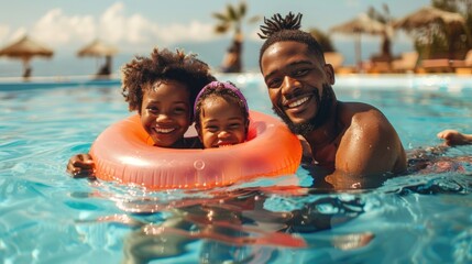 A young couple accompanied by their adorable daughter sporting an inflatable ring enjoy a refreshing dip in the swimming pool