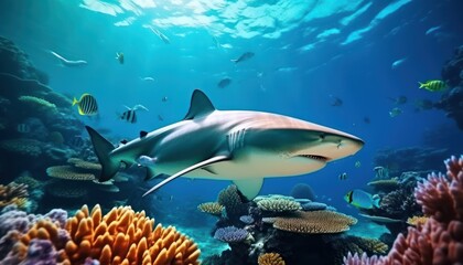 Fototapeta premium The great White Shark in the ocean, portrait of White shark hunting prey in the underwater
