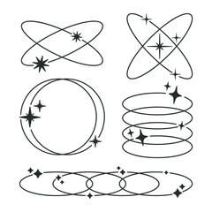 Outline y2k shapes. Abstract modern frames, minimalist figures with stars and sparkles, trendy y2k aesthetic shapes flat vector illustration set. Geometric design frames