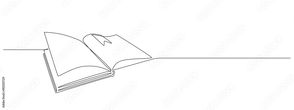 Wall mural opened book with bookmark in continuous one line drawing . education study and knowledge library con