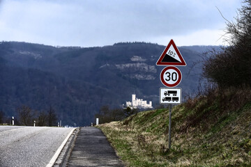 Road to Lahnstein. In addition to road signs in the background you can see the Stolzenfels castle