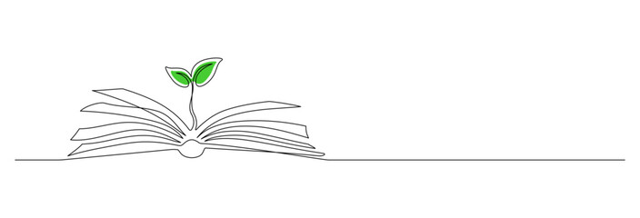Obraz premium Opened book with sprout plant in one continuous line drawing . Education study and knowledge library concept in simple linear style. Growing wisdom in editable stroke. Contour vector illustration