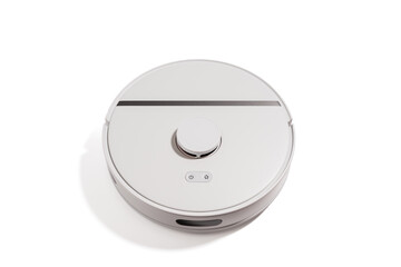 A white robot vacuum cleaner sits on a white background. The robot is circular in shape and has a...