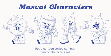 Retro cartoon walking smiled summer vintage groovy characters design set. Sun, Ice cream, cocktail, watermelon, lifebuoy. Retro character, hippie 70s style. Vector illustration isolated on background