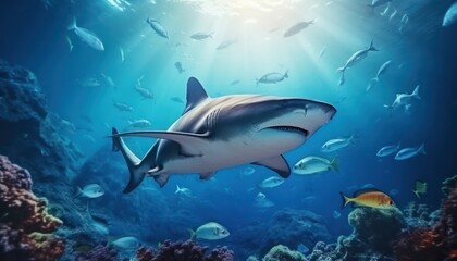 Fototapeta premium The great White Shark in the ocean, portrait of White shark hunting prey in the underwater