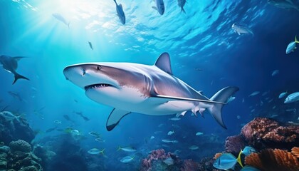 Fototapeta premium The great White Shark in the ocean, portrait of White shark hunting prey in the underwater