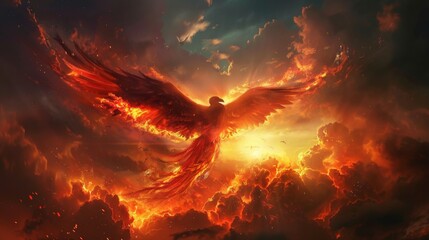 Majestic phoenix in flight against a fiery sunset sky - ideal for fantasy themes and transformative events