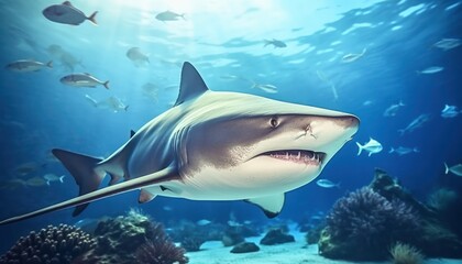 The great White Shark in the ocean, portrait of White shark hunting prey in the underwater