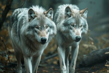 Obraz premium Two grey wolves stride side by side through the foggy autumn woods