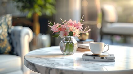 In this 3D-rendered scene, a pristine white marble table serves as the perfect showcase for various products. Books, potted plants, a vase with flowers, and a coffee cup are meticulously arranged