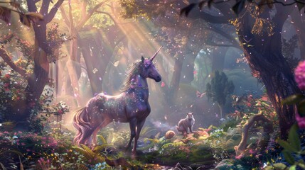An enchanting forest glade bathed in ethereal light, where a magnificent unicorn stands amidst shimmering hues of pink, purple, and blue. Surrounding it, woodland creatures frolic and faeries flit