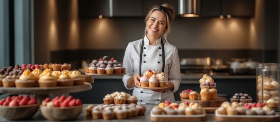 woman in chef uniform holding a tray full of assorted cupcakes. The cupcakes are exquisitely decorated, showing different colors and toppings.