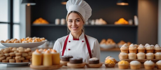 woman in chef uniform holding a tray full of assorted cupcakes. The cupcakes are exquisitely decorated, showing different colors and toppings.