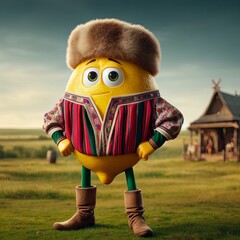 A cartoon lemon character in 'Taras Bulba' movie setting, wearing traditional Ukrainian Cossack attire, standing on a steppe.
 - obrazy, fototapety, plakaty