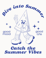 Retro cartoon walking smiled summer vintage groovy characters poster set. Sun, Ice cream, cocktail, watermelon, lifebuoy. Retro character, hippie 70s style. Vector illustration isolated on background