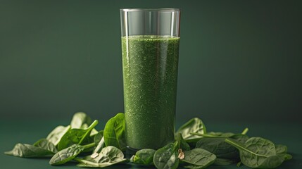 Green smoothie with spinach or other green vegetables and fruits on a green background.