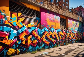 Naklejka premium illustration, vibrant urban exploration graffiti covered spaces colorful street art murals tags, city, walls, spray, paint, colors, abandoned, buildings, cityscape