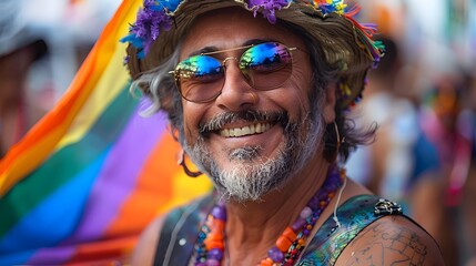 Joyful senior man celebrating pride with a rainbow flag