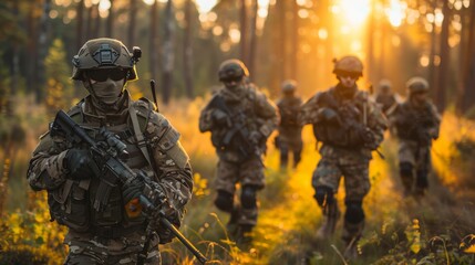 Fototapeta premium Group of military soldiers advancing through forest at sunset in strategic maneuver