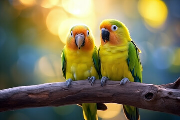 Obraz premium Two yellow and green parrots sitting on a branch with bokeh background