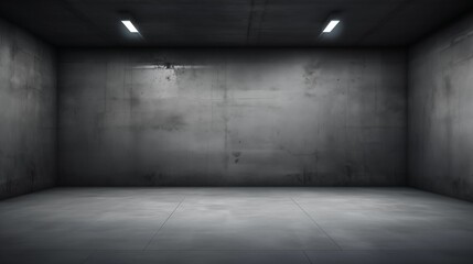 An empty industrial-style room with concrete walls and symmetrical overhead lighting