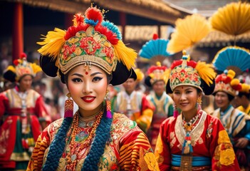 illustration, vibrant cultural festival celebration traditional costumes performances, colorful,...