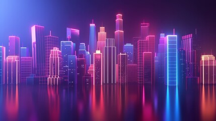 Neon skyline flat design front view city night theme 3D render Complementary Color Scheme
