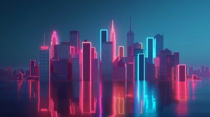 Neon skyline flat design front view city night theme 3D render Complementary Color Scheme
