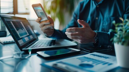 In a modern office setting, a businessman is engrossed in work, simultaneously using a laptop and a mobile phone. He is seen analyzing a business document with a financial graph on a digital tablet