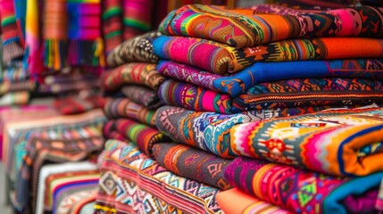 Vibrant Stack of Traditional Textiles with Exotic Patterns