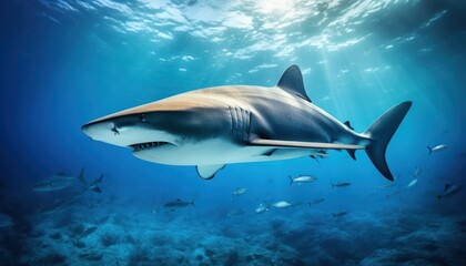 Fototapeta premium The great White Shark in the ocean, portrait of White shark hunting prey in the underwater