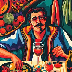 Man Enjoying a Colorful Balkan Feast with Wine