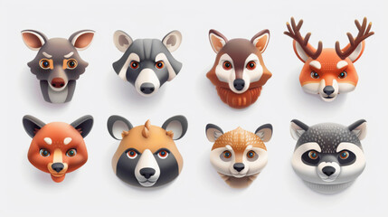 Cute woodland animals. Forest beasts bear, hare and fox, elk and squirrel, wild boar and deer, wolf and snake, badger and raccoon, beaver. Vector set 3D avatars set vector icon, white background, blac