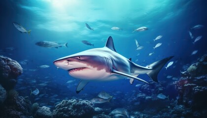 Fototapeta premium The great White Shark in the ocean, portrait of White shark hunting prey in the underwater