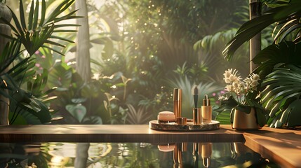 Craft a 3D platform that transports viewers to a serene summer oasis, with cosmetics arranged elegantly against a backdrop of lush greenery and soft golden light