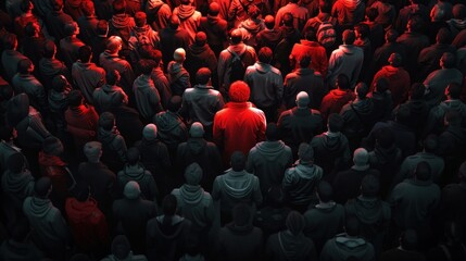 Different concept a red person in a crowd of black people on dark background. Generated AI image