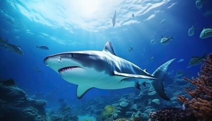 Fototapeta premium The great White Shark in the ocean, portrait of White shark hunting prey in the underwater
