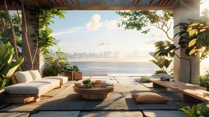 Create a 3D podium that embodies the carefree spirit of summer, with high-definition realism that transports viewers to a sun-drenched coastal retreat