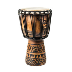 Traditional African Djembe Drum with Carved Designs Isolated