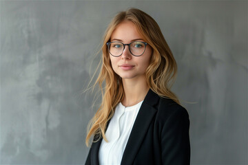 Young blonde female with glasses is standing near grey wall. Business portrait.