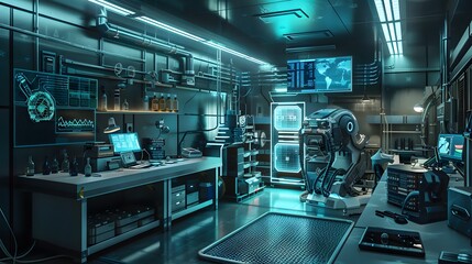 Create a high-tech laboratory environment filled with advanced AI-powered research equipment and futuristic gadgets