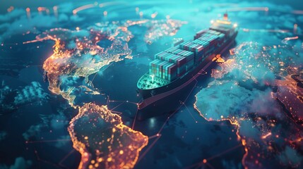 A futuristic view of a cargo ship on a digital world map highlighting global trade routes and connectivity