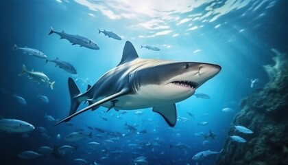 Naklejka premium The great White Shark in the ocean, portrait of White shark hunting prey in the underwater